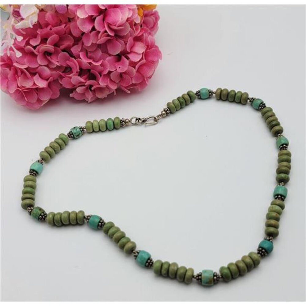 Tribal-Style Puffy Disc Beaded Necklace Green Nephrite-Style Blue Turquoise 18"